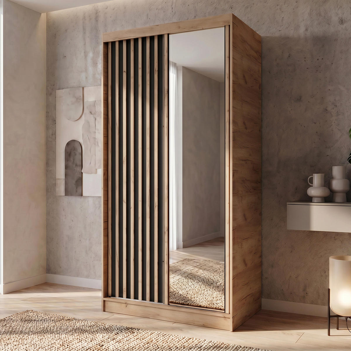 SCHWEBETÜRENSCHRANK Donatello 100/205/60 2-türig eiche Artisan/schwarz mit Spiegel - Schwarz/Eiche Artisan, Holzwerkstoff (100/205/60cm) - Beautysofa
