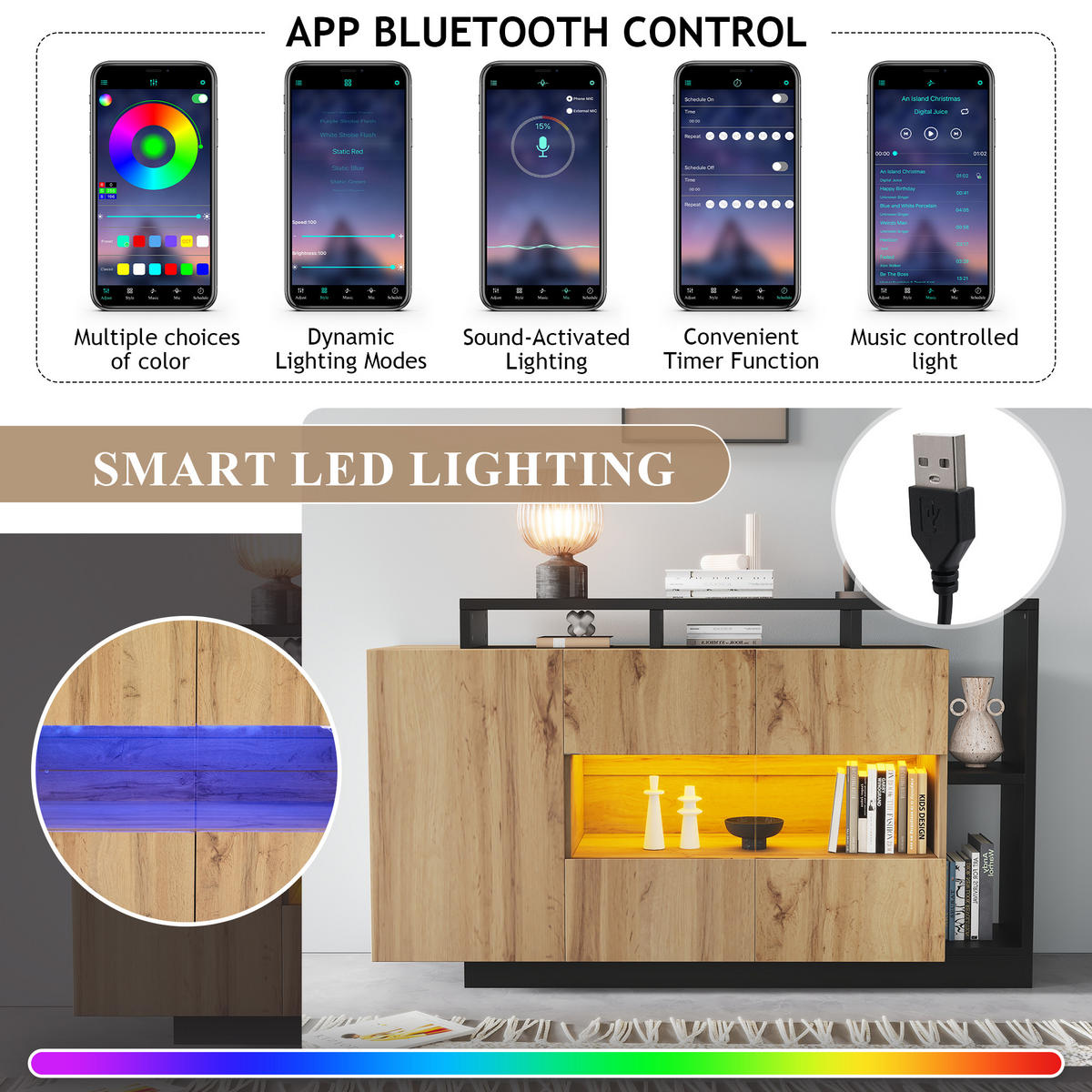 SIDEBOARD mit RGB-LED und Bluetooth, Holzoptik MDF, matte Oberfläche und schwarzem Metallrahmen, 140/44/93,5 cm,Naturfarben - Naturfarben, Holzwerkstoff (140/93.5/44cm) - Redom