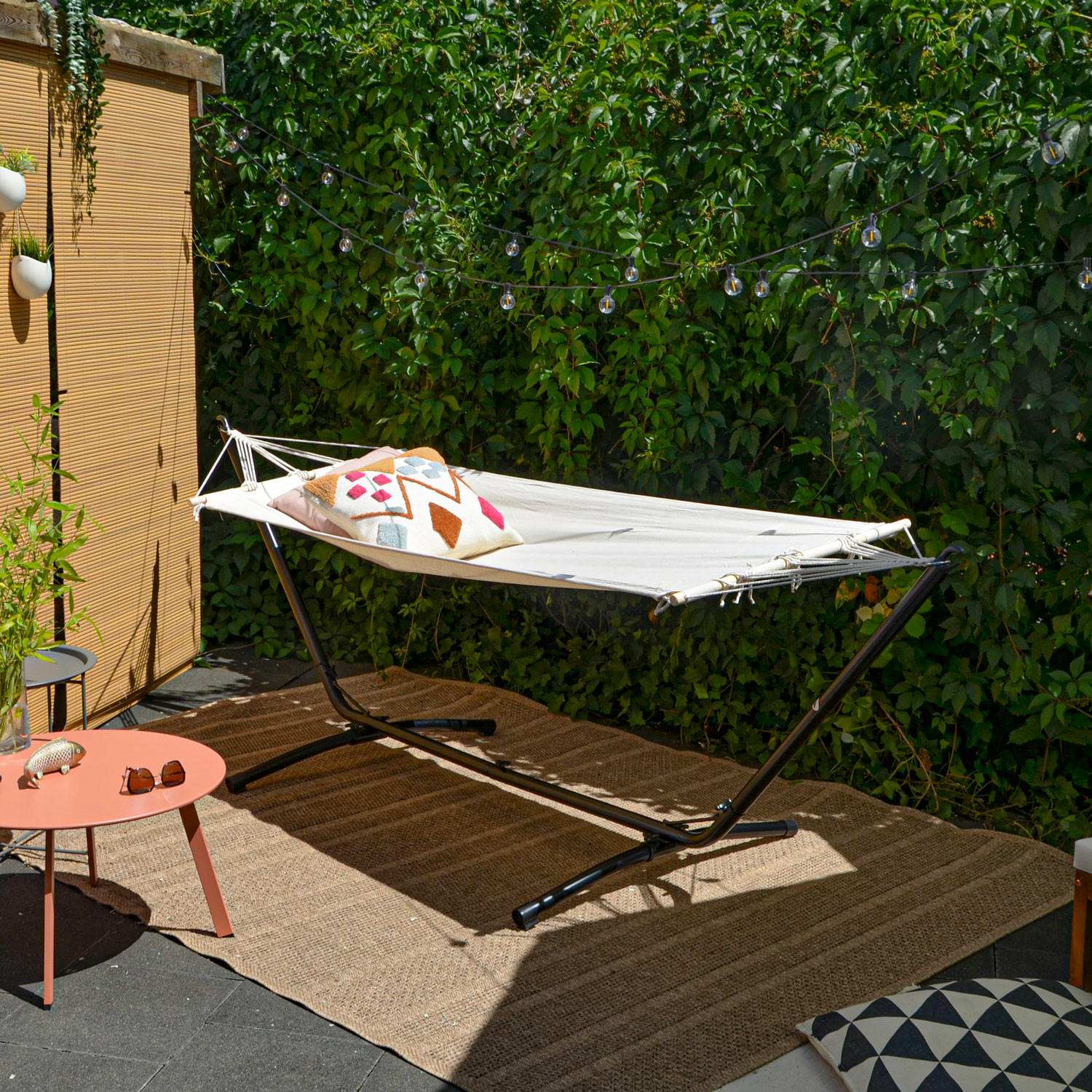 HÄNGEMATTE mit Gestell 310/100 cm, Beige/Schwarz - Schwarz, Metall (100/95/310cm) - Amanka