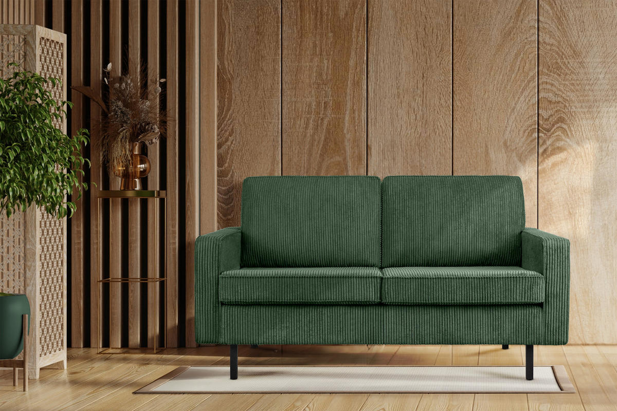 2-SITZER-SOFA INVIA Klassische-Stil mit Armlehnen, Feinkord-Stoff, Dunkelgrün - Dunkelgrün/Schwarz, Textil (164/87/98cm) - KONSIMO®