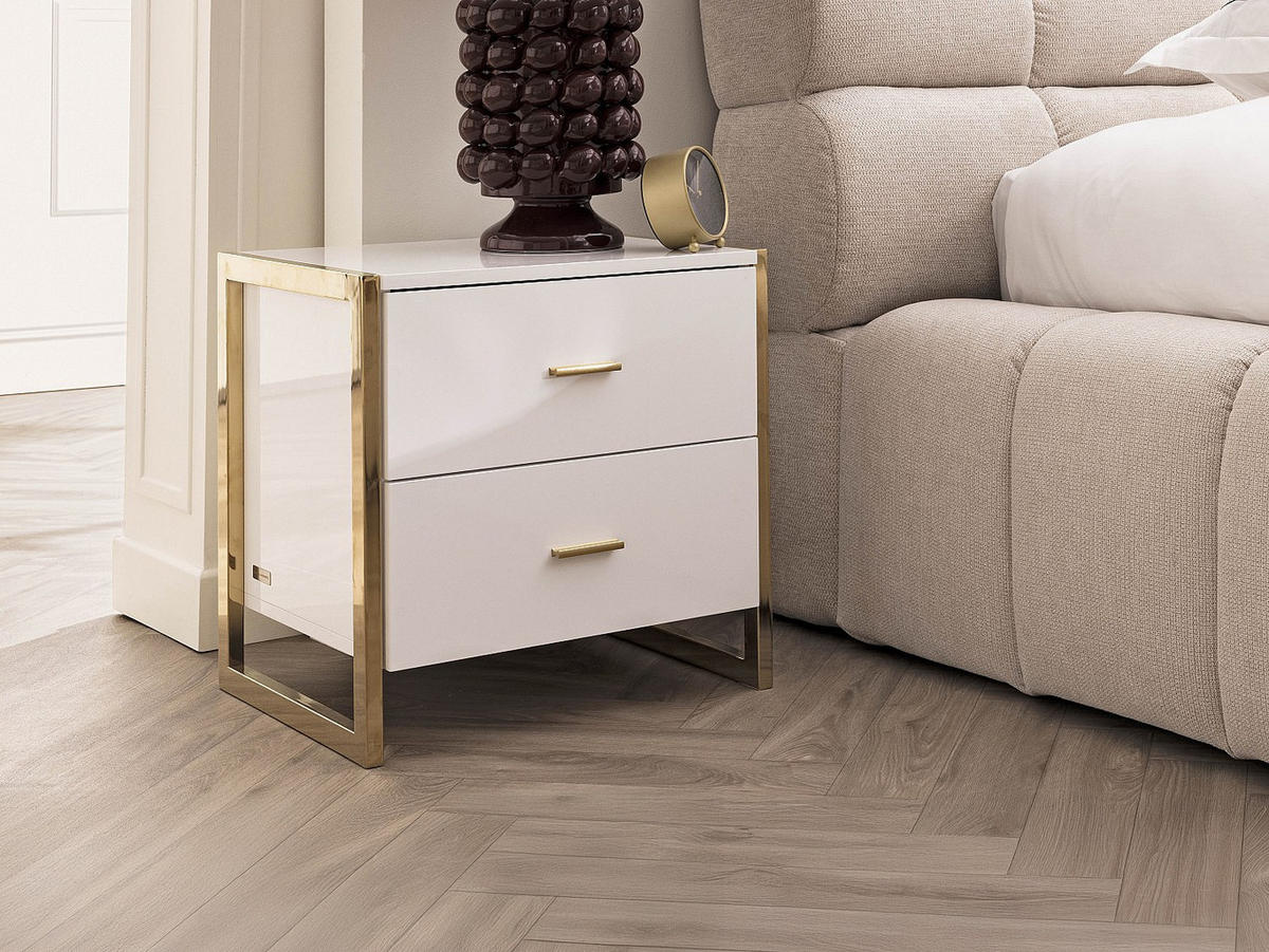 NACHTTISCH mit 2 Schubladen - MDF - Weiß lackiert & Goldfarben - OMBRELIA - Weiß, Holz (40/50/50cm) - Pascal Morabito