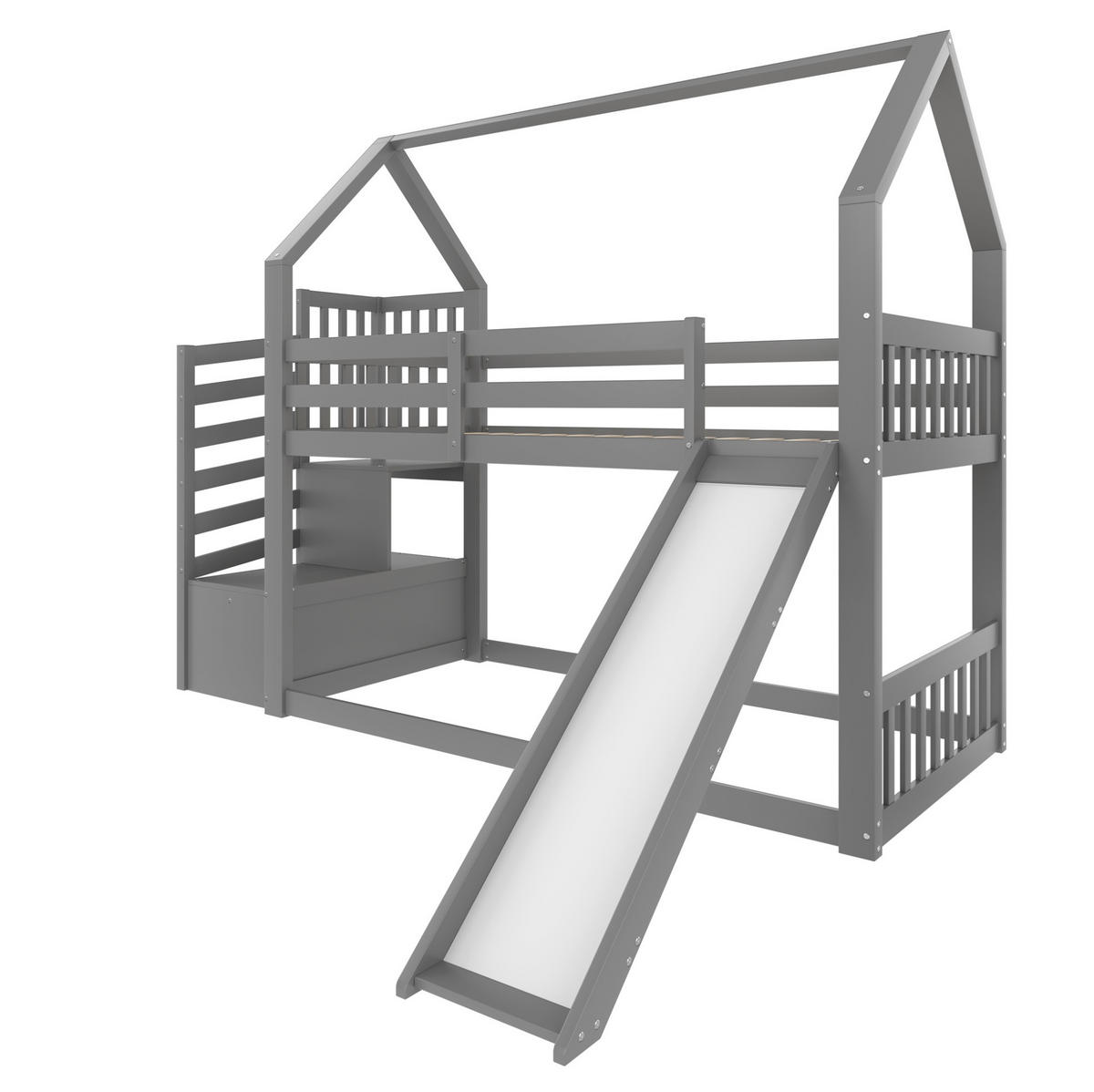 PATROVÁ postel 90/200 cm šedá s úložným prostorem a schůdky a skluzavkou - šedá, dřevo (90/200cm) - OKWISH