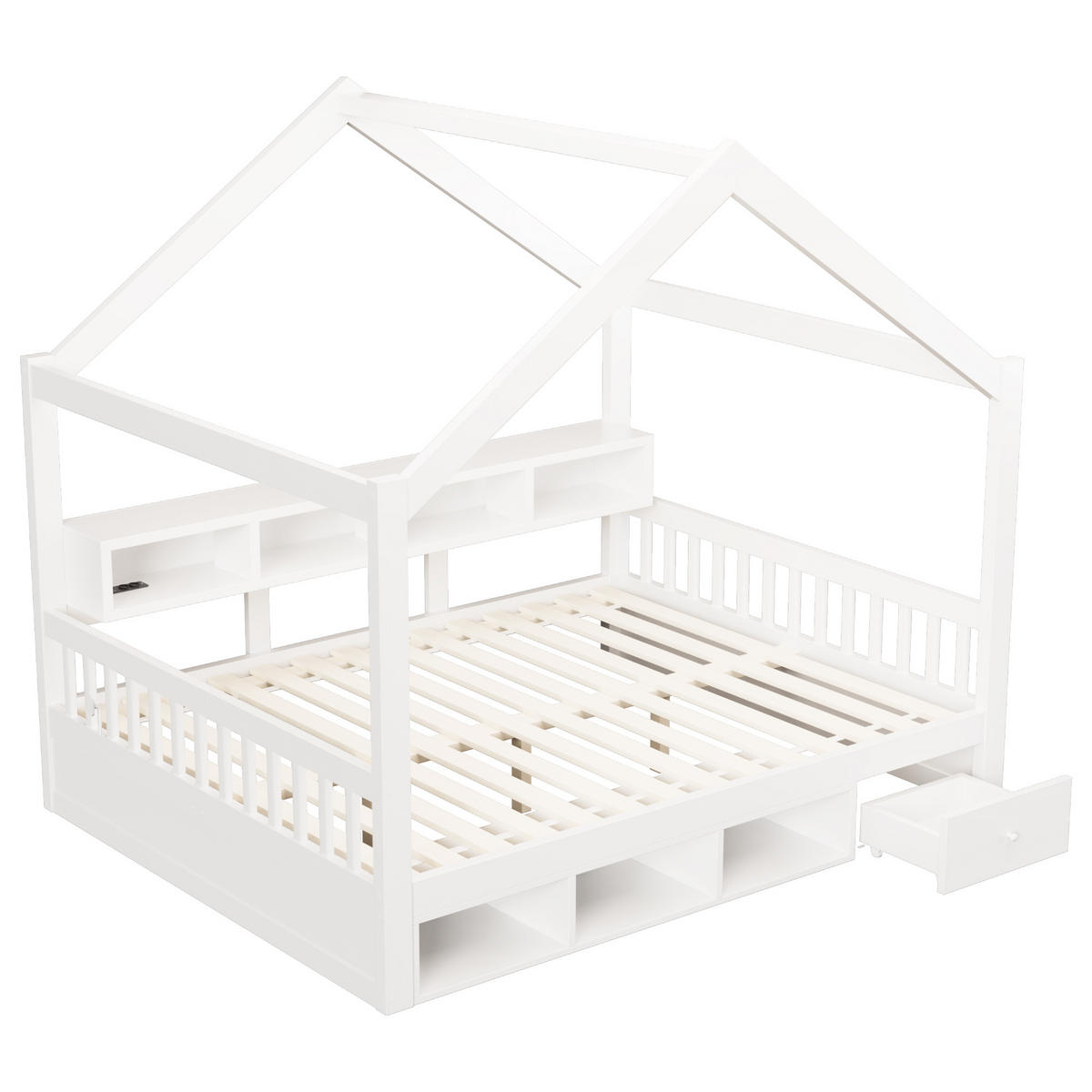 HAUSBETT 140/200 cm mit Dachrahmen, Stauraum und LED, DE-41651, in Weiß - Weiß, Holzwerkstoff (140/200cm) - ComfortXL
