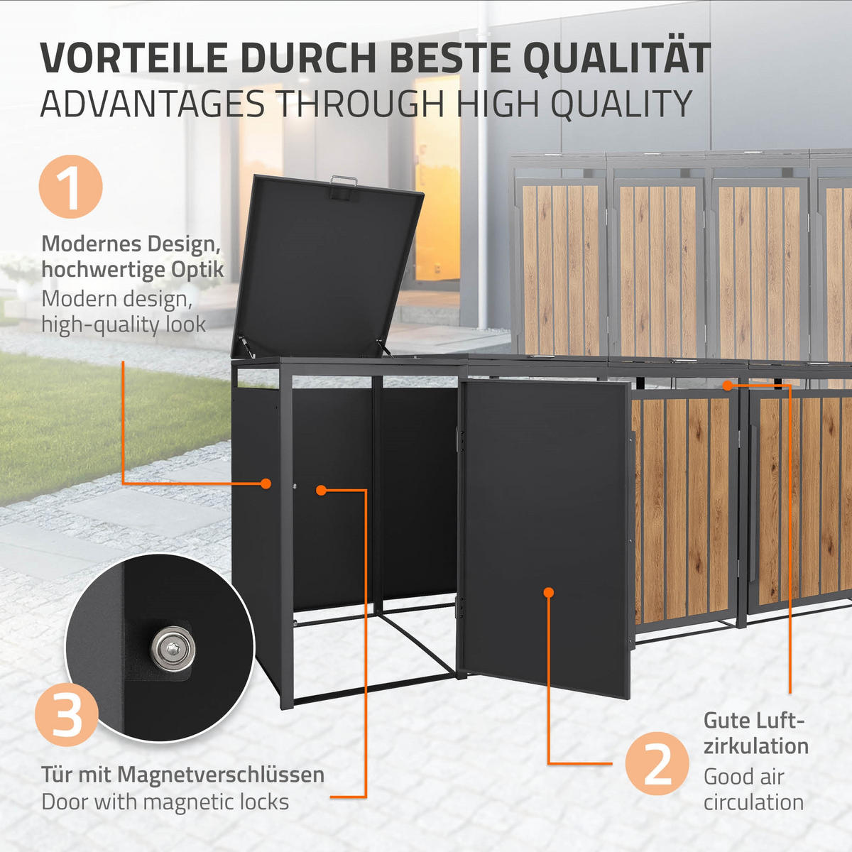 MÜLLTONNENBOX 4er 240L 260x80x120 cm Anthrazit-Eiche hell aus Stahl - Hellbraun, Metall (80/120/260cm) - ML-DESIGN