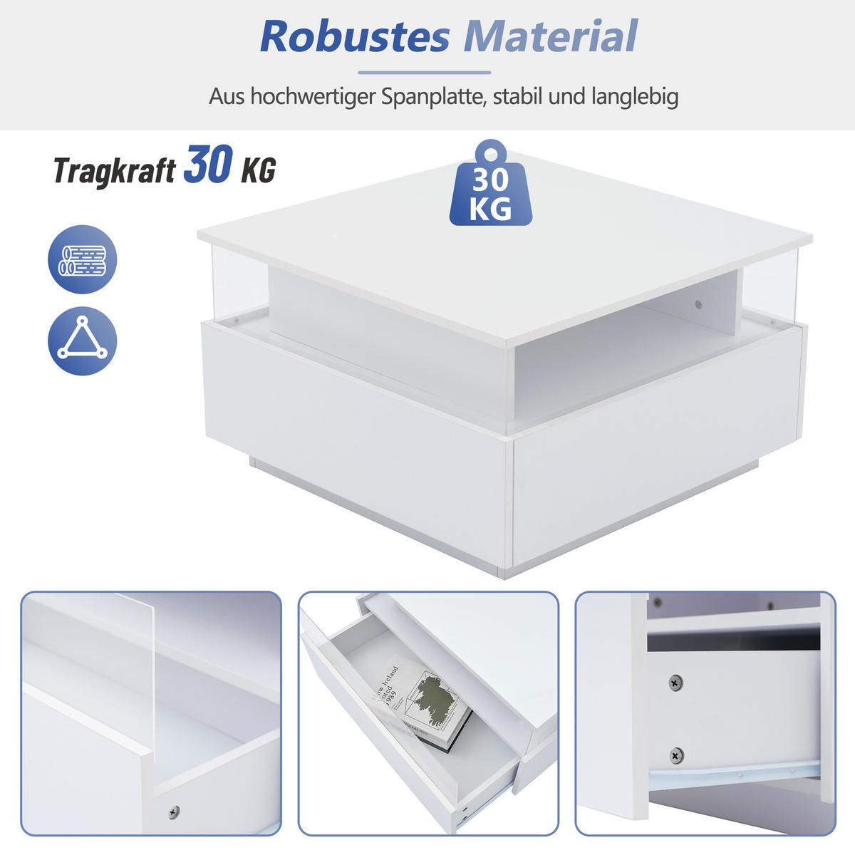 COUCHTISCH DE-110 LED Hochglanz Weiß - Weiß, Holzwerkstoff (70/70/41cm) - ComfortXL