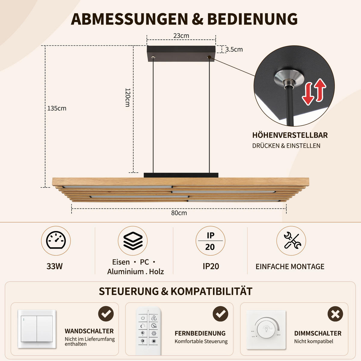 LED ZÁVĚSNÉ SVÍTIDLO 80/15.5/120 cm - černá/hnědá, kov/dřevo (80/15.5/120cm) - ZMH