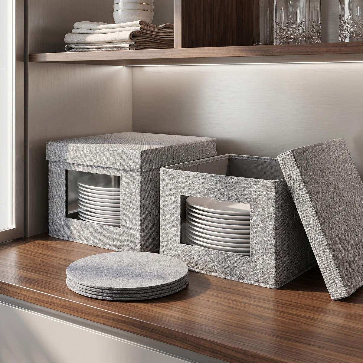 TELLERBOX Grau 2er-Set für Teller bis 28 cm - Grau, Wellpappe/Kunststoff (30.5/20.5/30.5cm) - Relaxdays