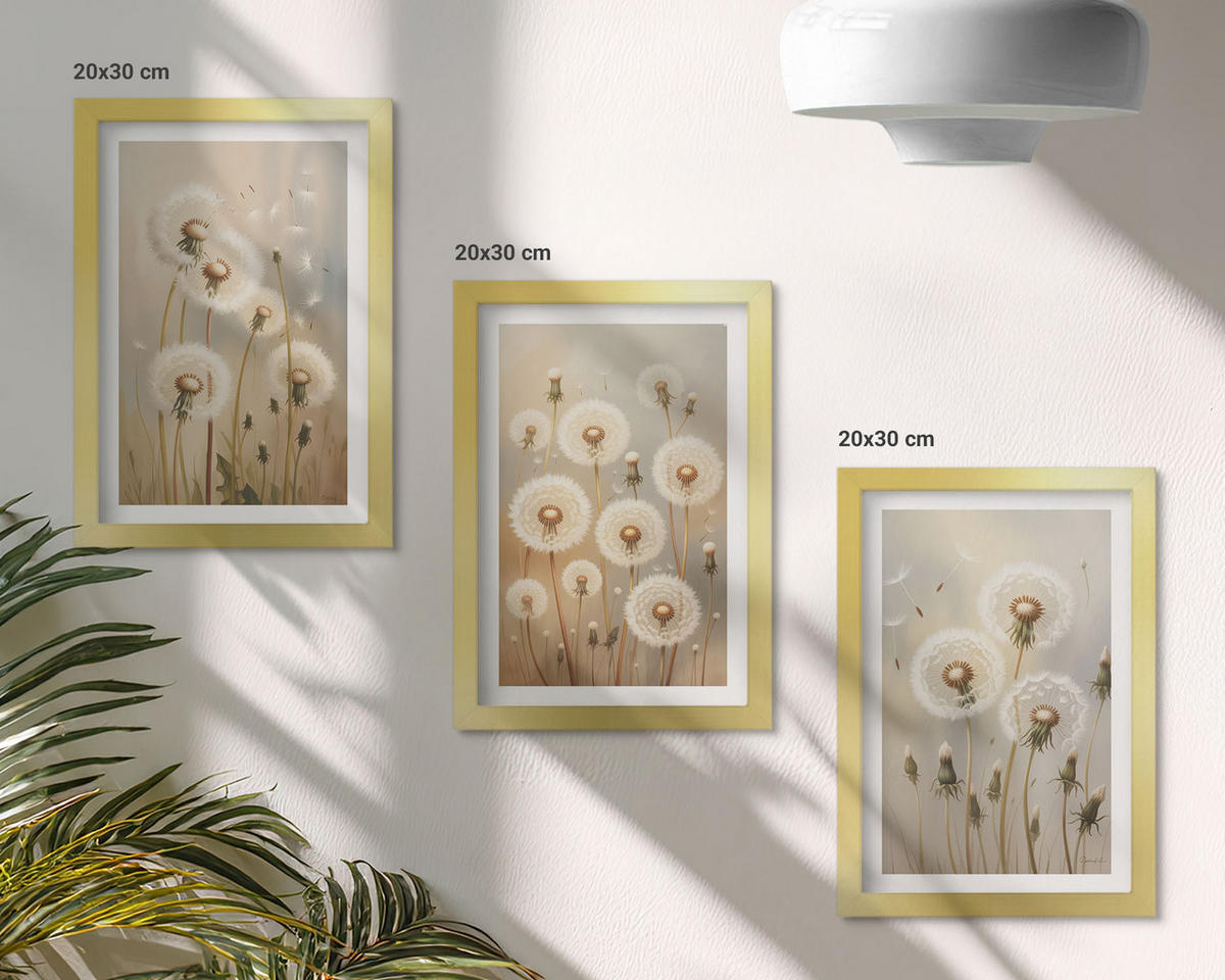 BILDER SET 3er Set - 20x30 cm Goldrahmen - Weiße Löwenzahnblüten auf hellem Hintergrund - Goldfarben, Kunststoff (20/30cm) - TULUP