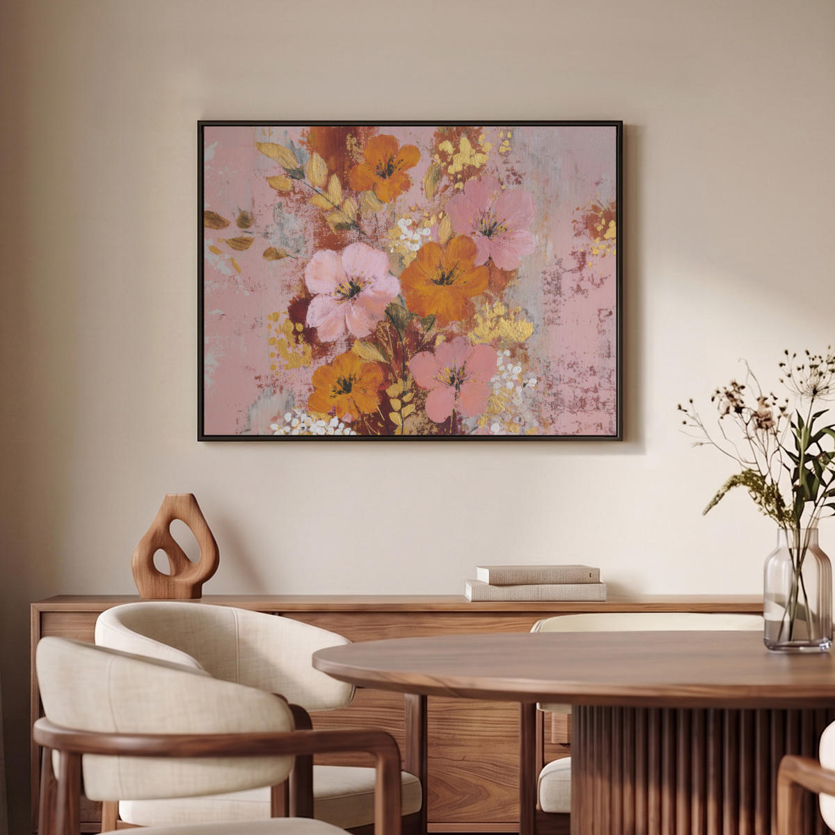 LEINWAND Bilder mit Rahmen - Malerei - Blumen - Rustikal - Rosa - 80x60 - Altrosa, Textil (80/60cm) - MuchoWow