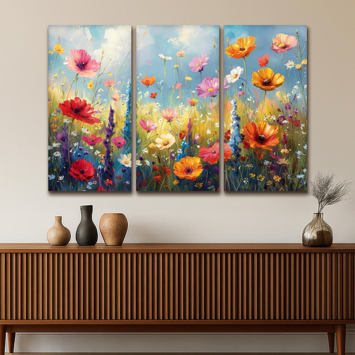 LEINWANDBILD 3er Set Blumen - Frühling - Farbenfroh - Sommerlich 180x120 cm - Orange, Textil (180/120cm) - MuchoWow