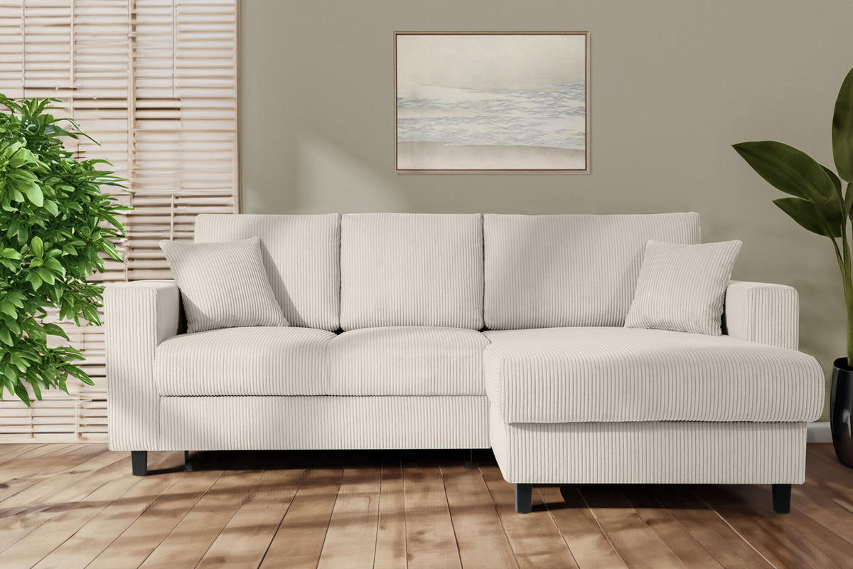 ECKSCHLAFSOFA EGRET Rechts mit Bettkasten, Cord-Stoff, cremefarben - Creme, Textil (234/90cm) - KONSIMO®