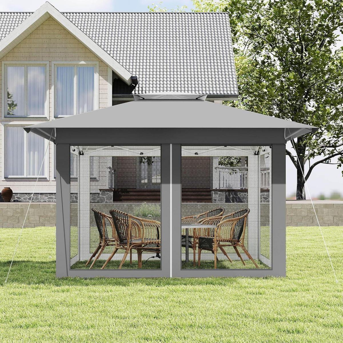 GARTENPAVILLON 4x4 Pop up Stabil Winterfest mit Doppeldach und Moskitonetz Silbergrau - Grau, Metall (400/225/400cm)