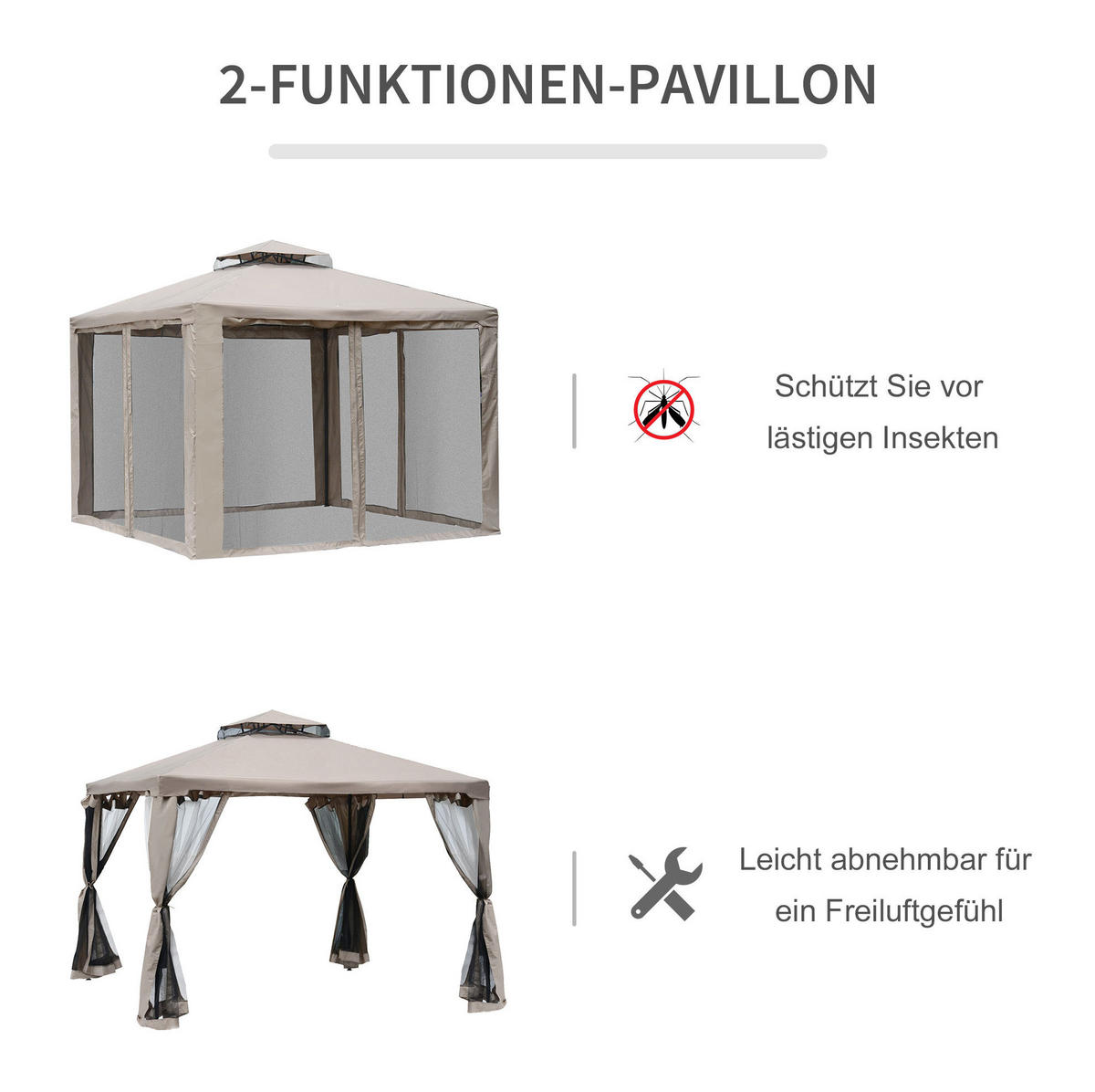 PAVILLON 294/294/265 cm mit Netz-Seitenwänden und Doppeldach, wetterbeständig, Grau - Grau, Textil (294/265/294cm) - Redom