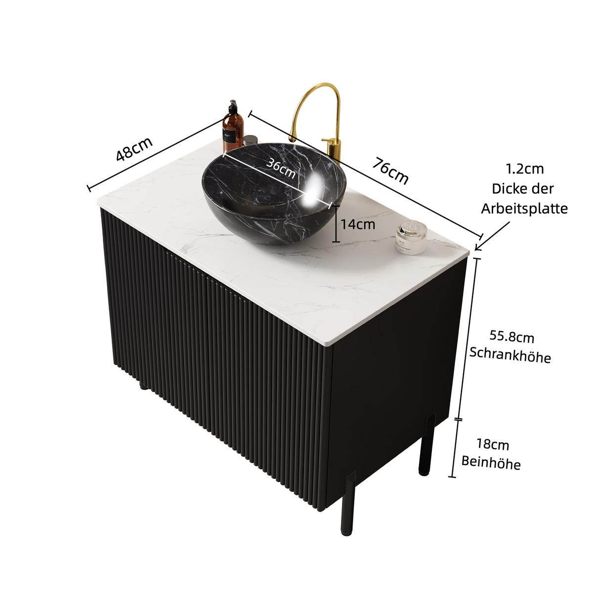 WASCHTISCHKOMBI 76x48x89cm in Schwarz mit schalenförmigem Keramikbecken & Soft-Close - Schwarz, Holzwerkstoff (76/89/48cm) - Modfu