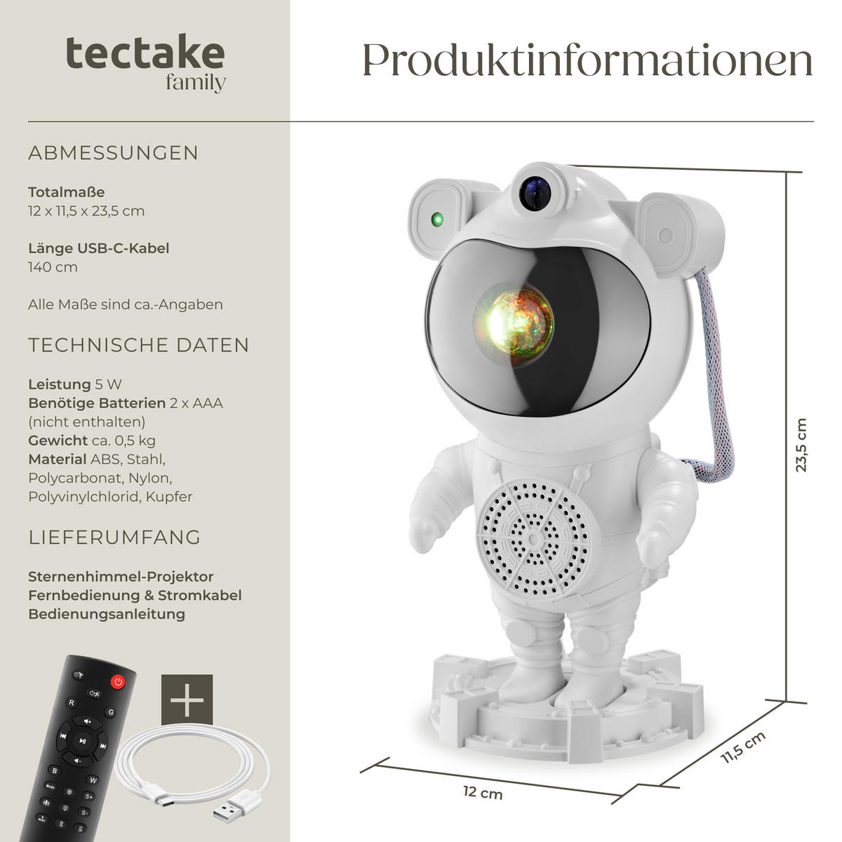 LED-STERNENHIMMEL-PROJEKTOR Astronaut,Bluetooth- und Music-Funktion mit 8 Sounds sowie Timer,weiß - Weiß, Kunststoff (11.5/12/23.5cm) - tectake