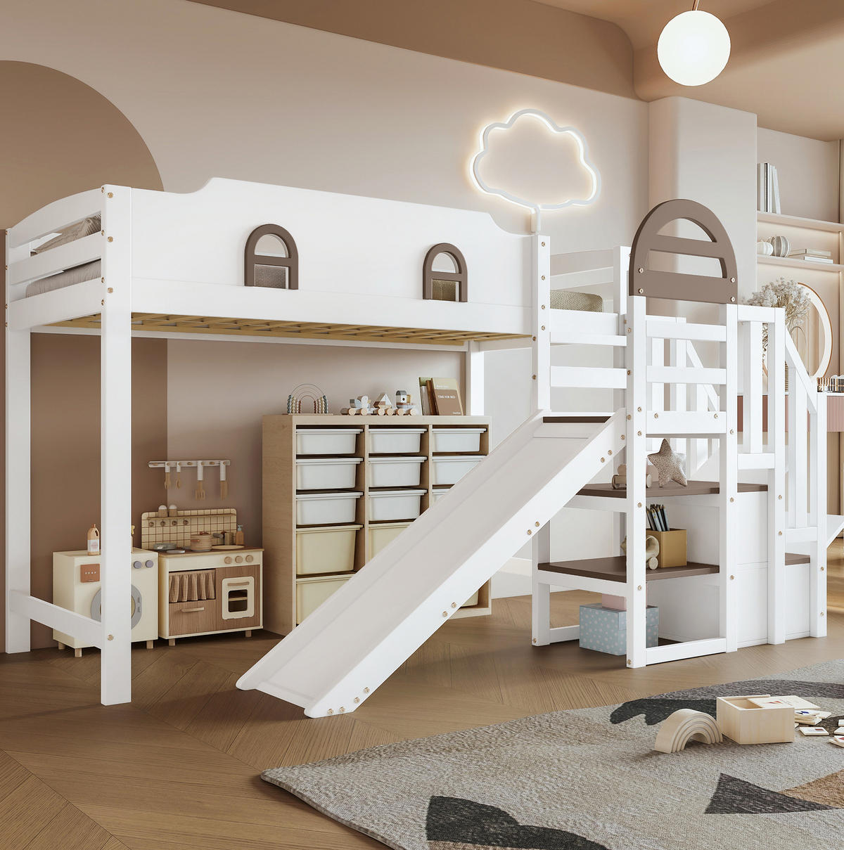 ETAGENBETT 90/200 cm Weiß mit Rutsche und Stauraum aus Kiefer und MDF - Weiß, Holzwerkstoff (90/200cm) - OKWISH