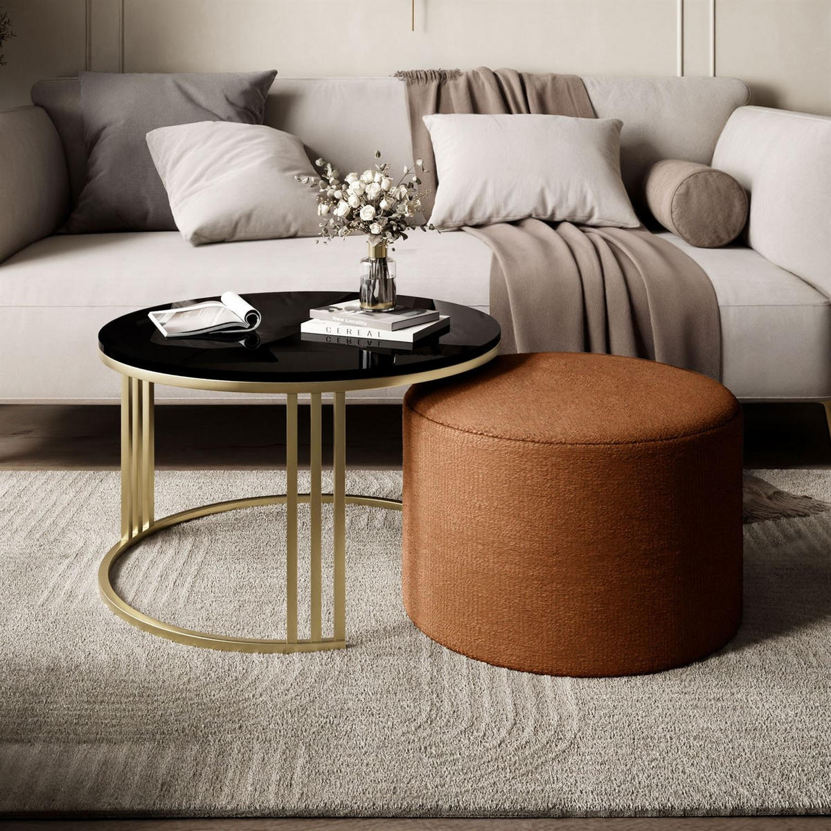 COUCHTISCH mit Hocker LORI Hochglanz gebürstetes Gold/Schwarz glänzend/Perfect Harmony 52 - Schwarz, Metall (70/70/49cm) - Lookway