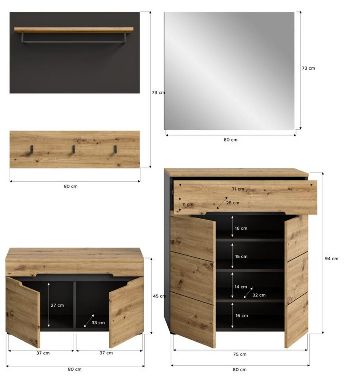 GARDEROBE Set 5-teilig Eiche Artisan grau 175 cm, mit Soft-Close - Schwarz/Eiche Artisan, Glas/Holzwerkstoff (175/190/37cm) - Inn.Furn