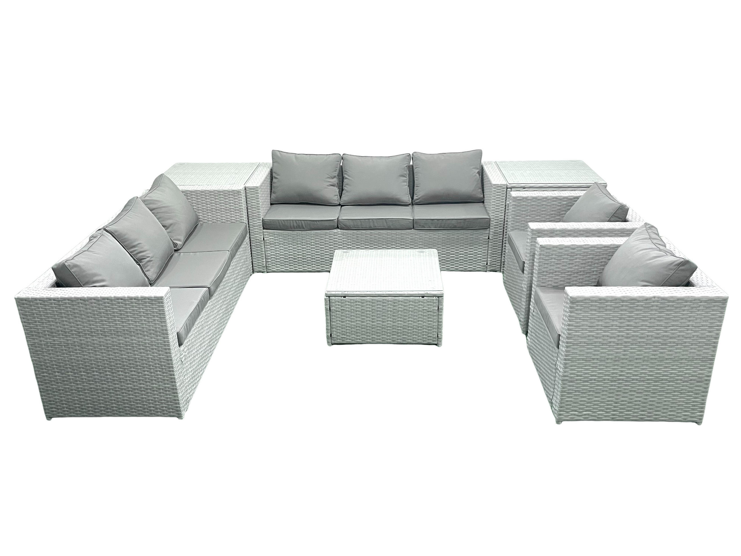 GARTENMÖBEL-SET mit Kissen Polyrattan Hellgrau-Mix 8-Sitzer - Hellgrau/Grau, Glas/Kunststoff - Fimous