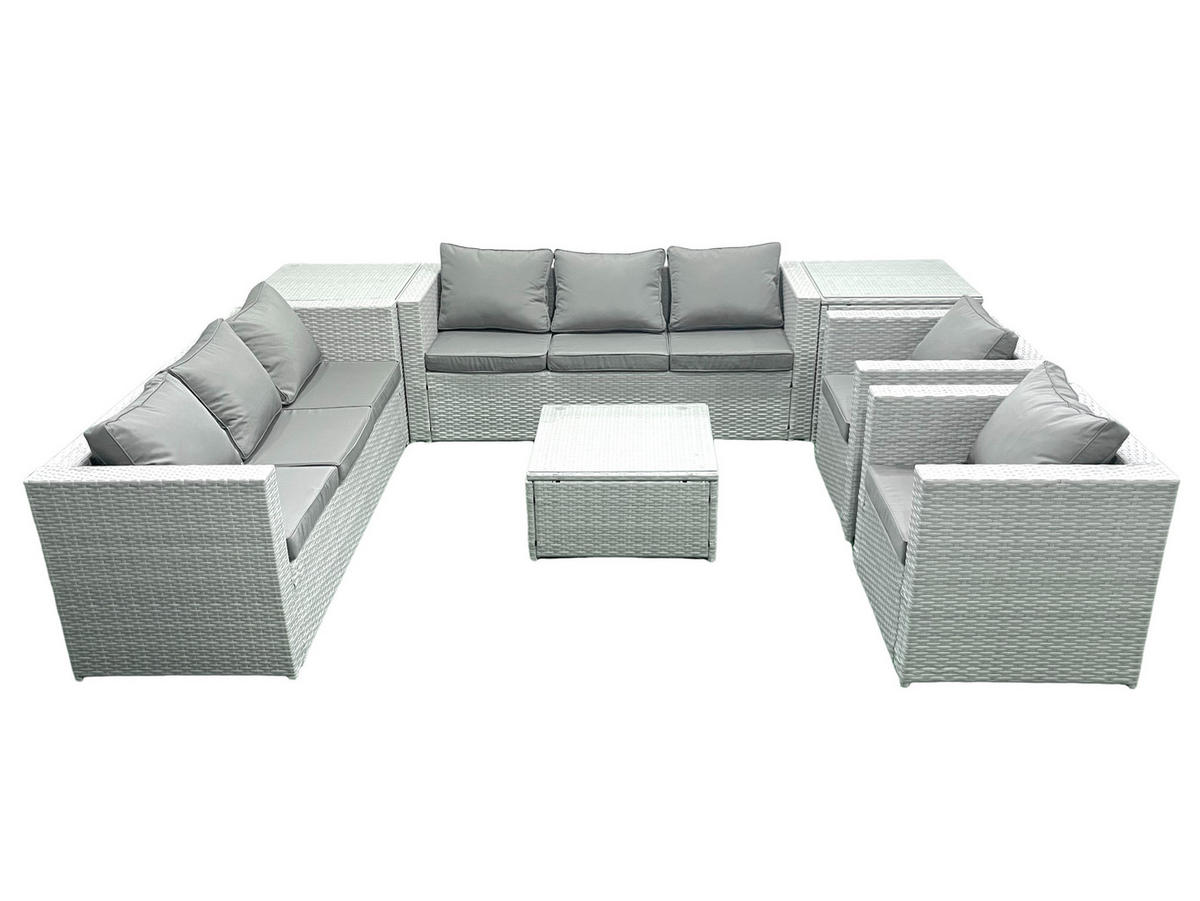 GARTENMÖBEL-SET mit Kissen Polyrattan Hellgrau-Mix 8-Sitzer - Hellgrau/Grau, Glas/Kunststoff - Fimous