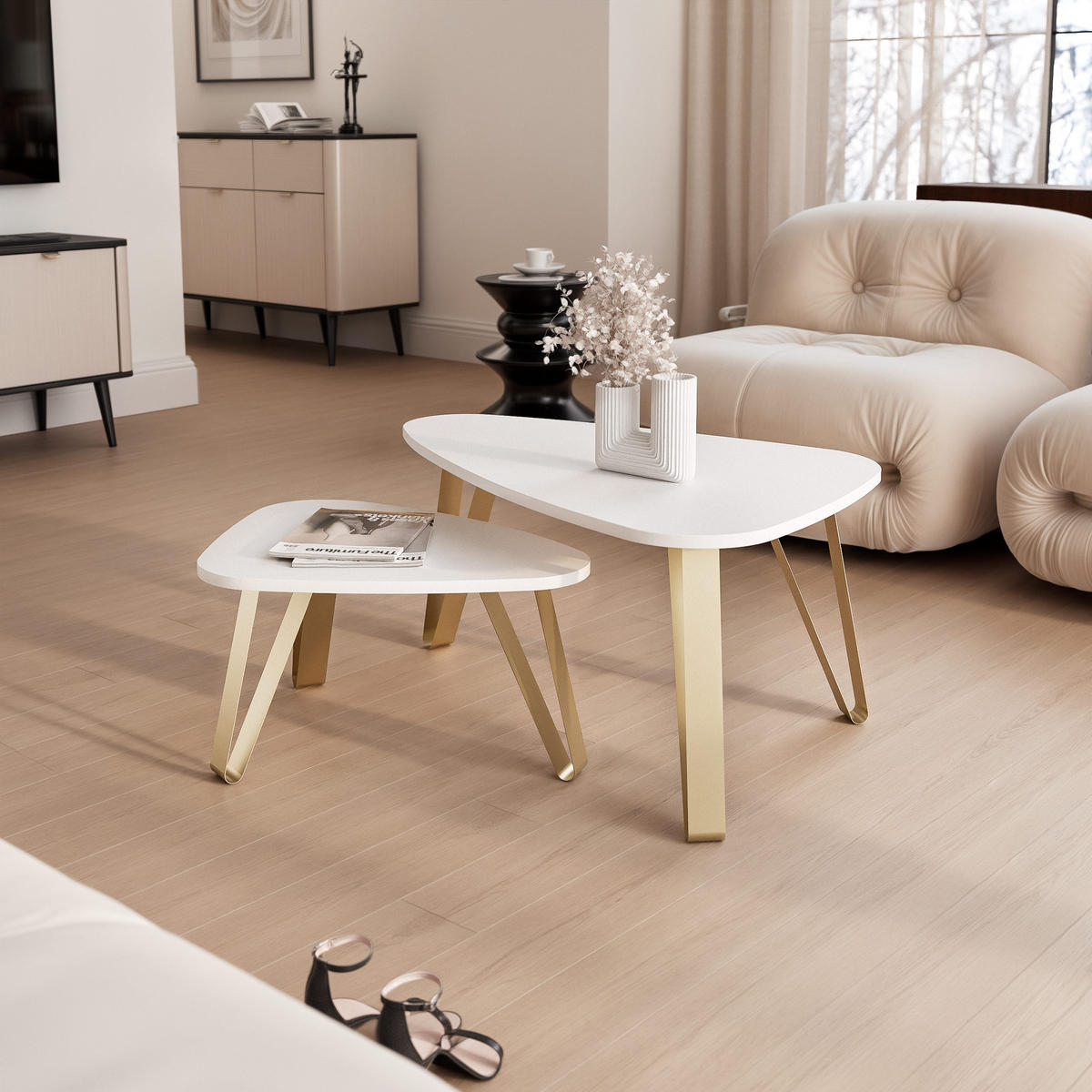 SATZTISCH NOA Stahlgestell, Freiform, Gold / Arktisweiß - Goldfarben/Weiß, Holzwerkstoff (94/60/42cm) - Idohome