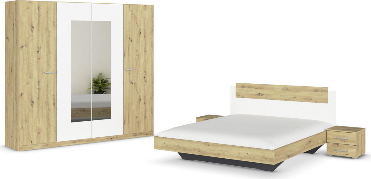 SCHLAFZIMMER Borba in Eiche und Weiß 4 teilig – mit Bettanlage 160x200cm, zwei Nachttisch und Drehtürenschrank 225cm Breite - Braun, Holzwerkstoff (80/200/120cm)