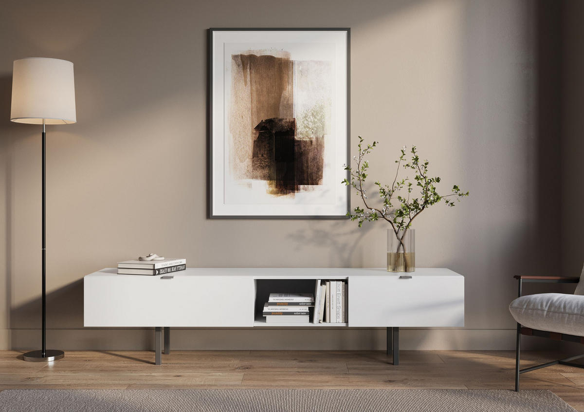 LOWBOARD Myway, Weiß, 1 Schublade, Minimalistisch, 180 cm - Schwarz/Weiß, Holzwerkstoff/Metall (180/41.6/41.6cm) - Skandica