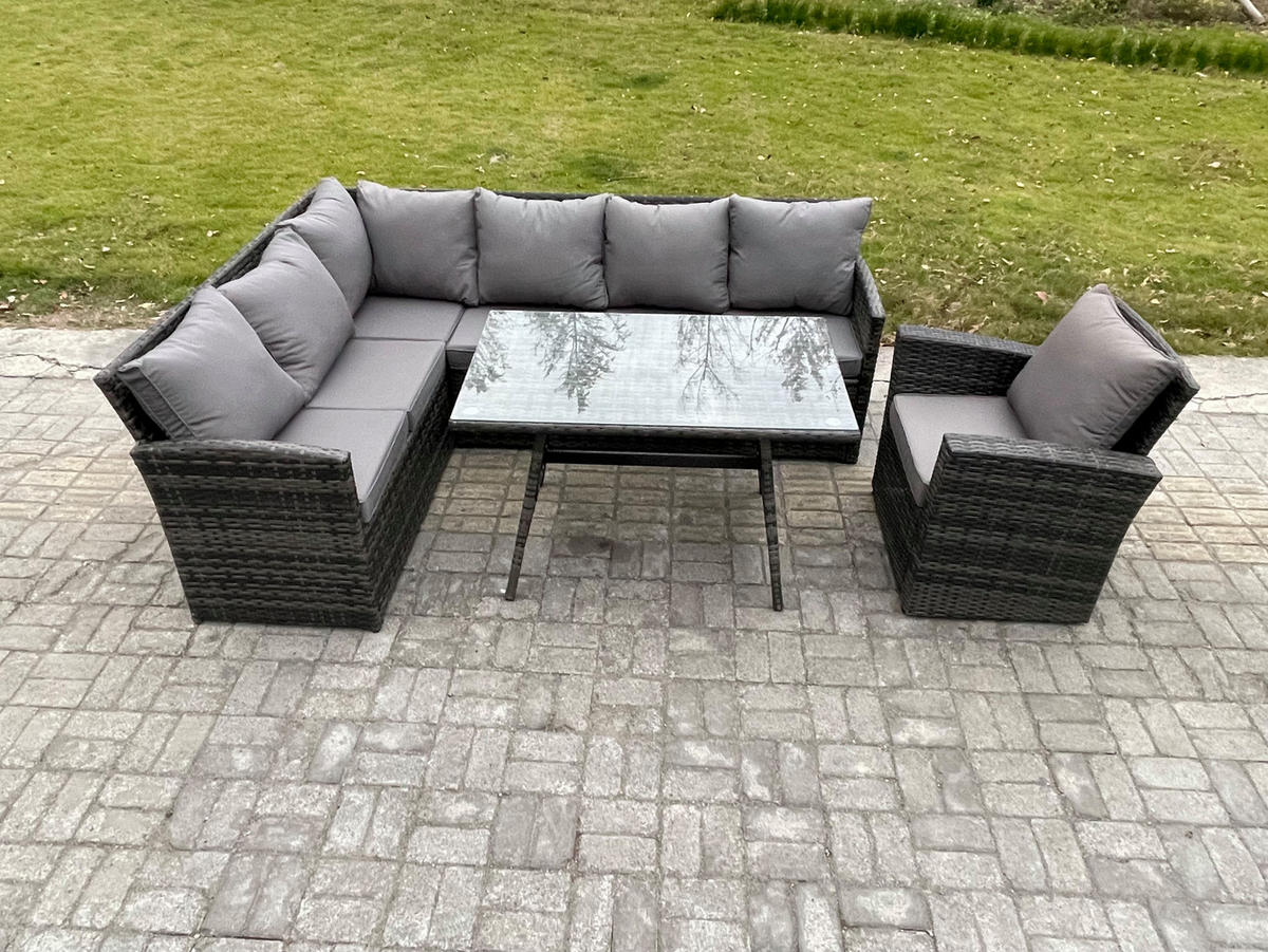 SITZGRUPPE mit Ecksofa Stuhl Polyrattan Dunkelgrau 7-Sitzer - Dunkelgrau/Grau, Glas/Kunststoff - Fimous