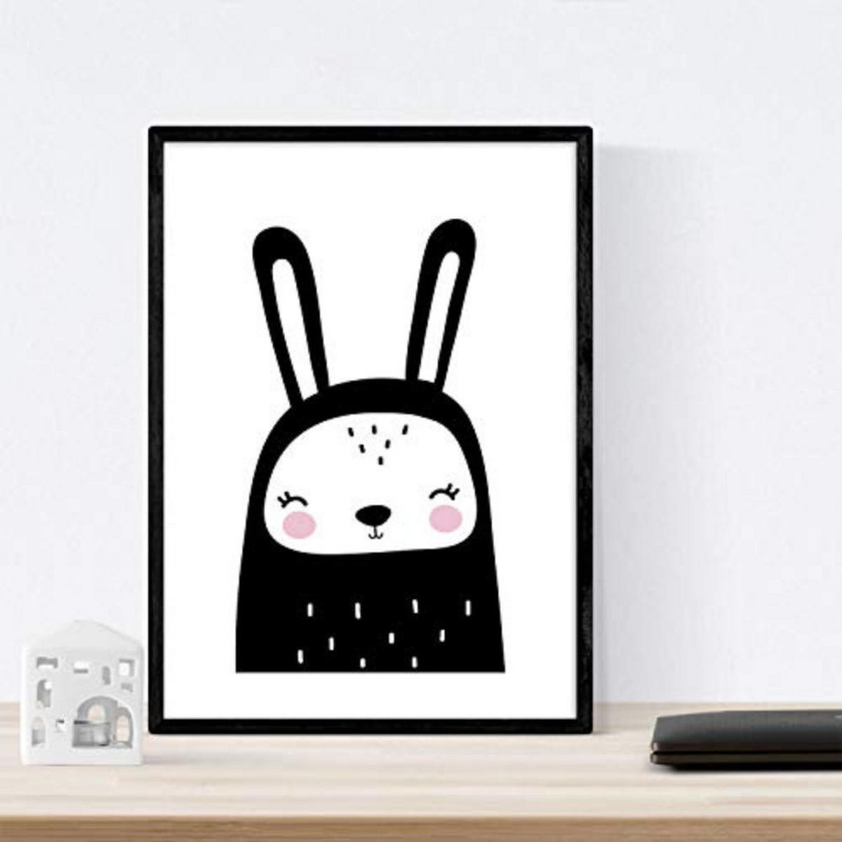 POSTER Set mit 4 Kaninchenblättern, Giraffe, Leon und Maus Tieren A3 Schwarzer Rahmen - Schwarz, Papier (29.7/3cm) - Nacnic