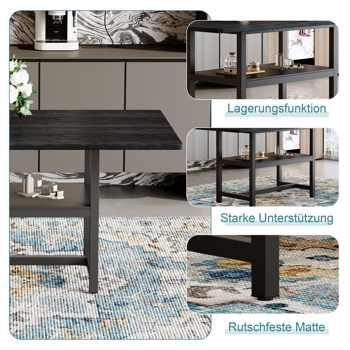 ESSTISCH Schwarz mit multifunktionalem Ablagefach 160/90/76 cm - Schwarz, Holz (90/160/76cm) - Oxeza