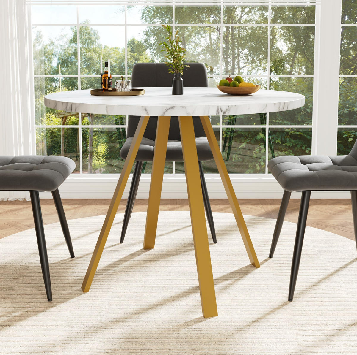 ESSTISCH 80/80/75 cm in Weiß/Gold mit Marmoroptik und Metallgestell - Weiß, Holzwerkstoff (80/80/75cm) - Flora Grace