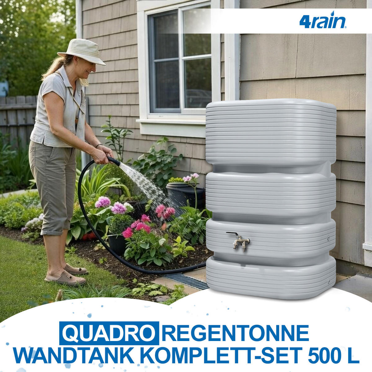REGENTONNE Wandtank Komplett-Set 500 L, betongrau inkl. Chrom-Doppelauslaufhahn und Fallrohranschluss - Grau, Kunststoff (62/122/80cm) - 4rain