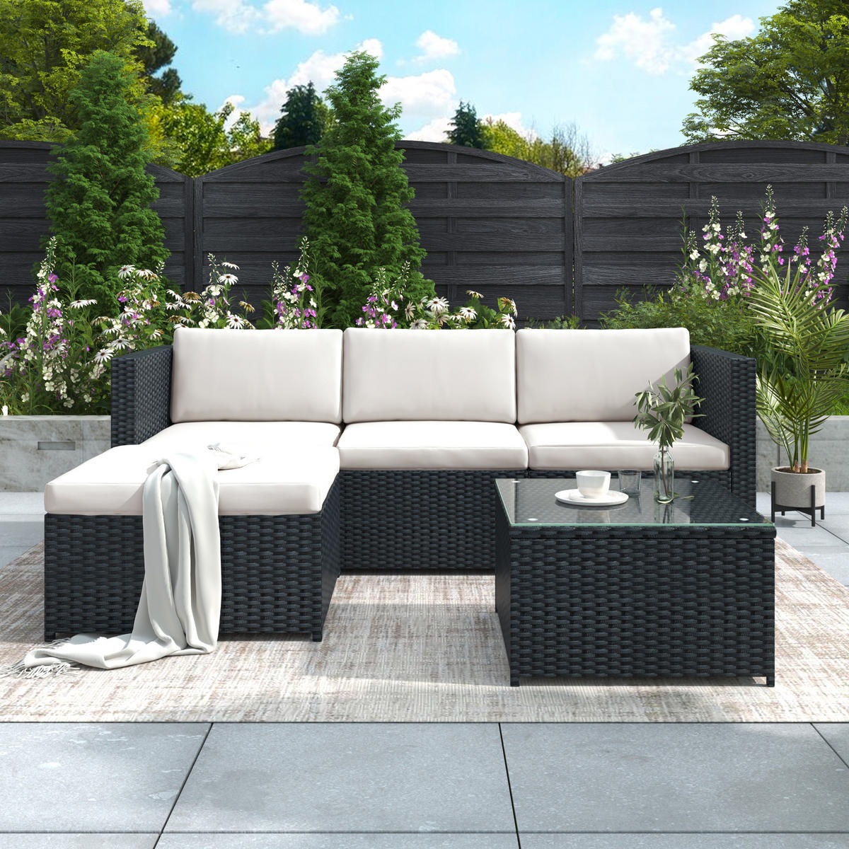 LOUNGESET Schwarz Poly Rattan Mit Sitzkissen & Glastisch - Schwarz, Metall - FLIEKS