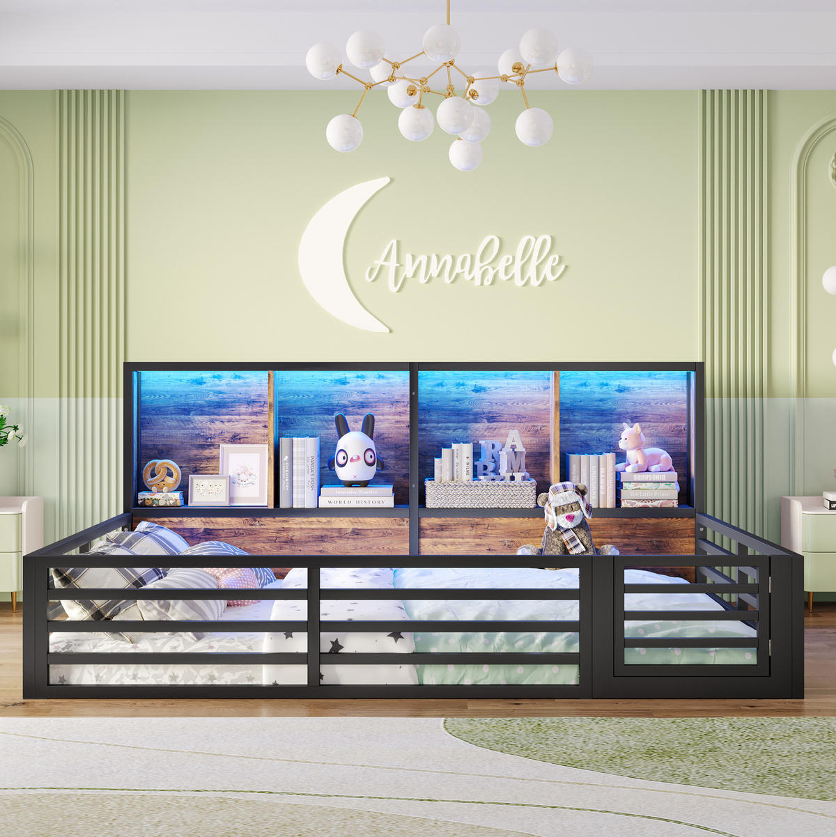 KINDERBETT aus MDF & Metall 140x200 cm in Schwarz mit LED-Beleuchtung - Schwarz, Metall (140/200cm) - Modfu