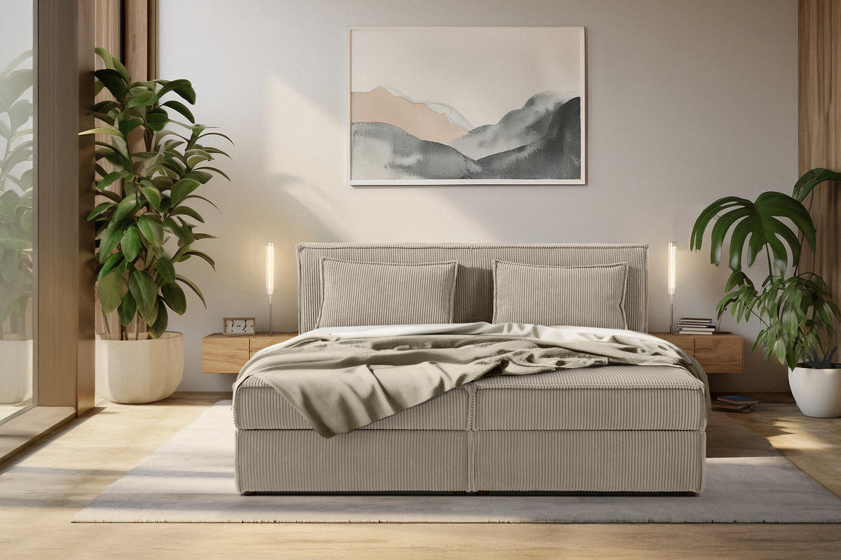 BOXSPRINGBETT ROTI mit Stauraum, beige - Beige/Schwarz, Holz/Holzwerkstoff (180/200cm) - KONSIMO®