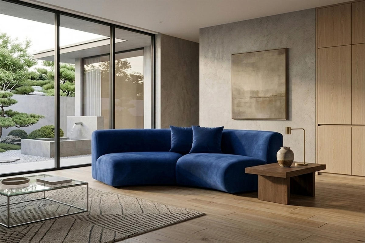 SOFA Round, Velvet-Stoff Bluvel, Tintenblau, GRETA - Blau, Holz (294/70/89cm) - Kaiser Möbel