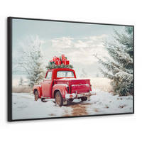 LEINWAND Bilder mit Rahmen - Auto - Rot - Geschenke - Winter - Schnee - Weihnachten - 90x60 - Rot, Textil (90/60cm) - MuchoWow