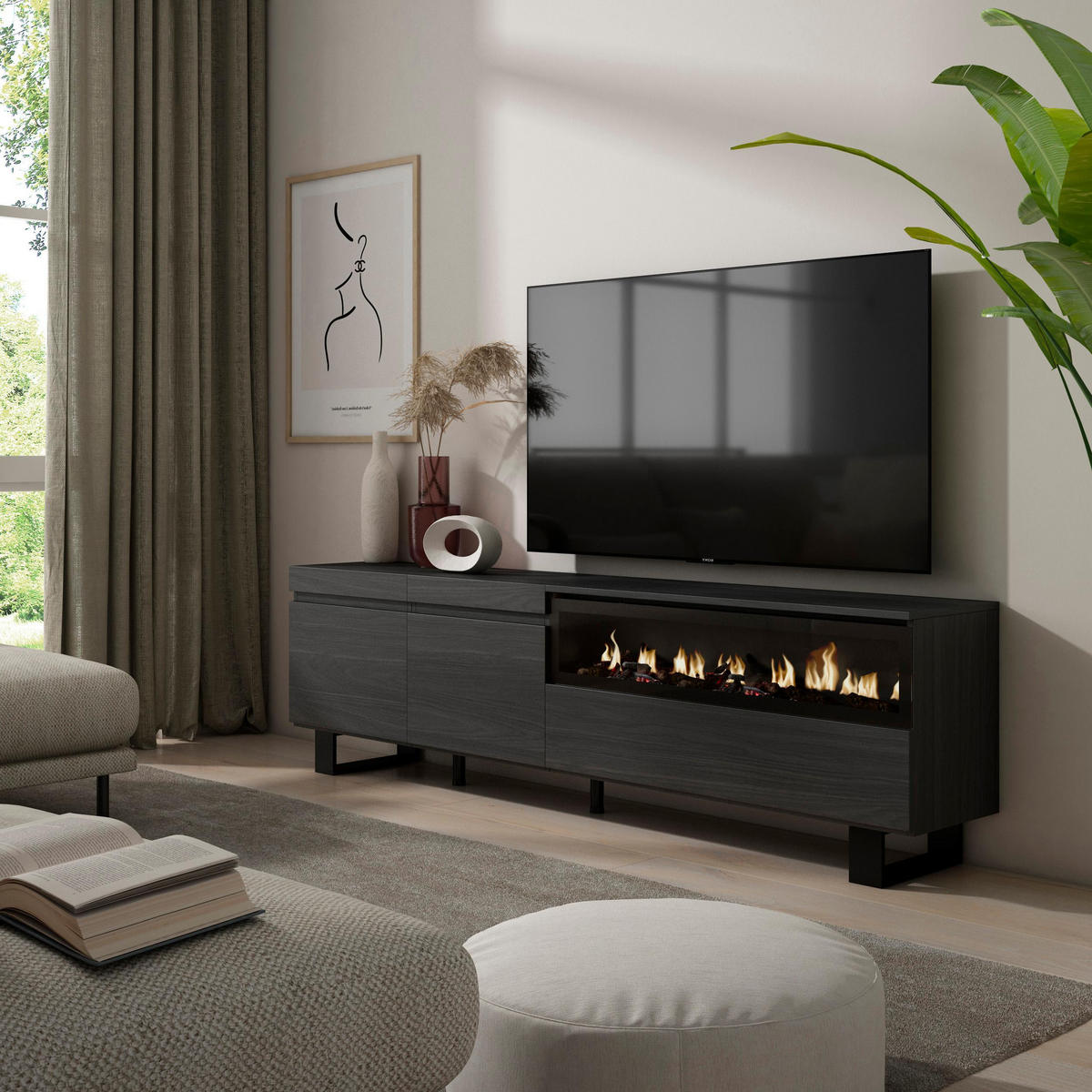 TV-SCHRANK schwarz, mit Elektrokamin, 200/35/57cm - Schwarz, Holzwerkstoff (200/57/35cm) - Skraut Home