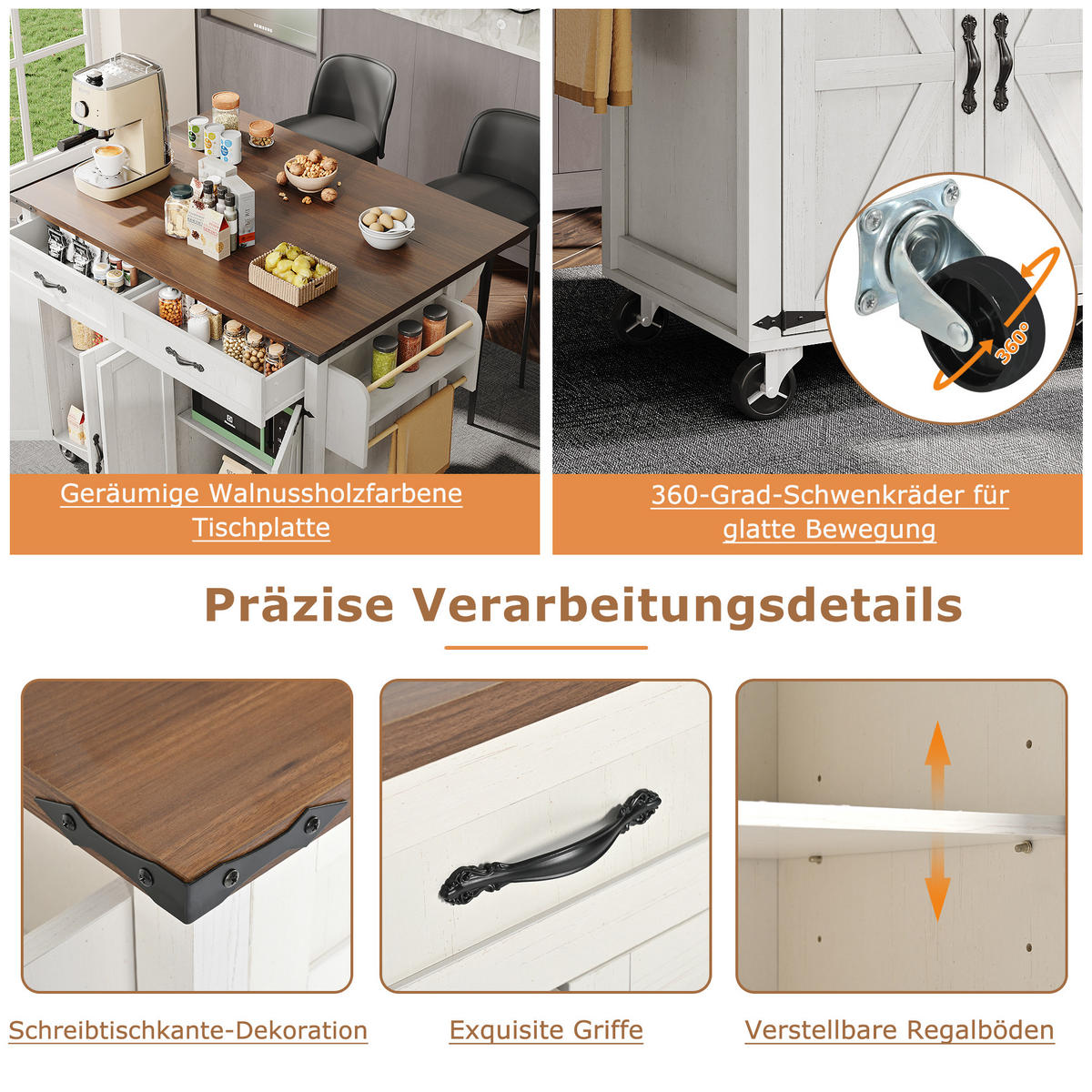 KÜCHENINSEL Holzoptik mit ausziehbarer Platte, 4 Türen & 2 Schubladen - Weiß, Holz (73/92/140cm) - SHOPENTRA