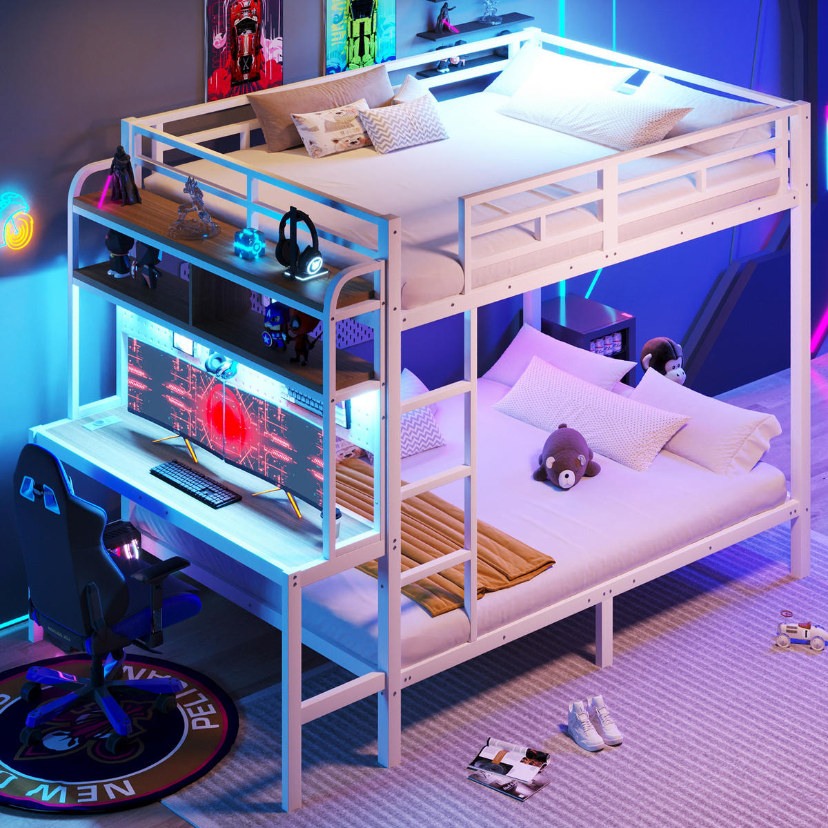 ETAGENBETT 140/200 cm mit Schreibtisch, Ablagefächern, LED und USB, Metall/MDF, Weiß - Weiß, Metall (140/200cm) - Redom