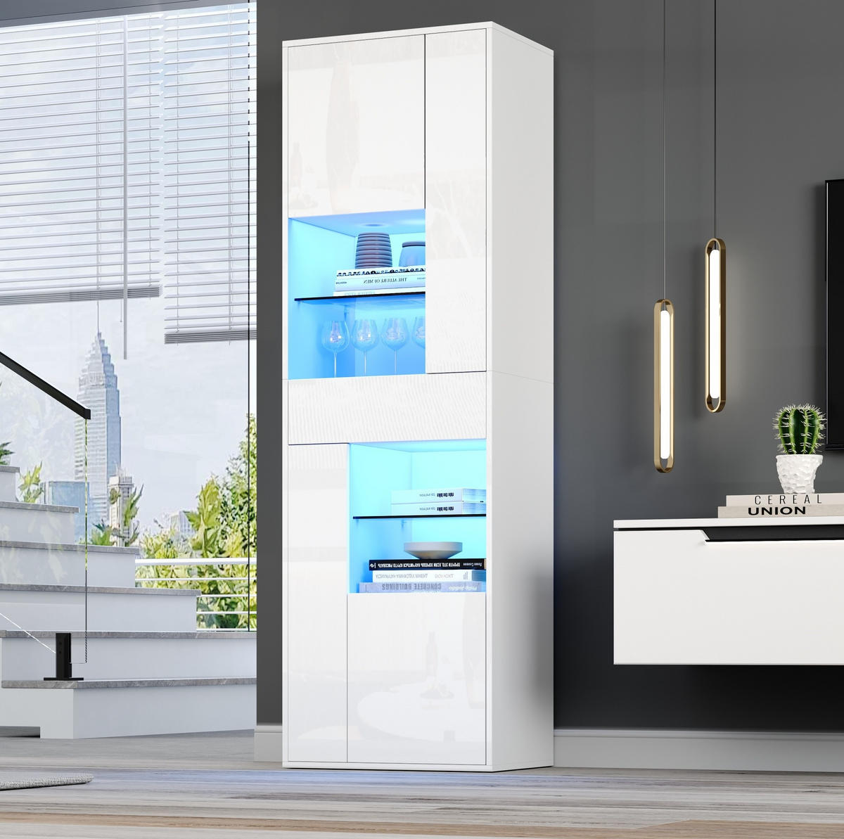 VITRINE mit LED 55 x 38 x 170 cm Hochglanz Weiß - Weiß, Holzwerkstoff (38/170/55cm) - Beauniv
