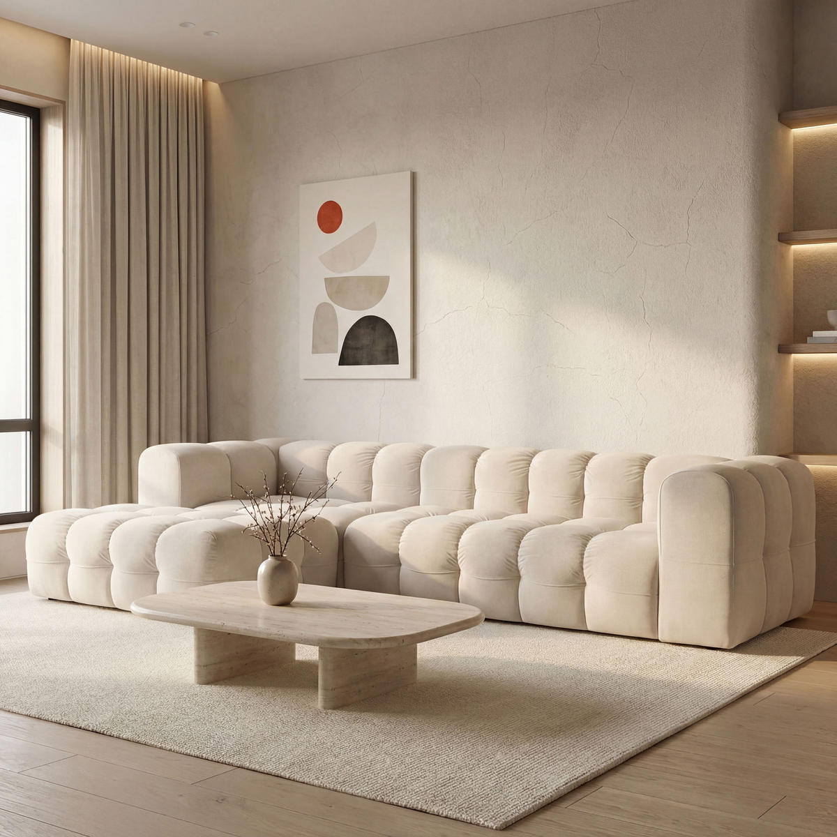 ECKSOFA Mochi L-Form 5-Sitzer Links, Samt, Beige 290/75/193 cm - Beige/Schwarz, Kunststoff/Textil (290/193cm) - WFL GROUP