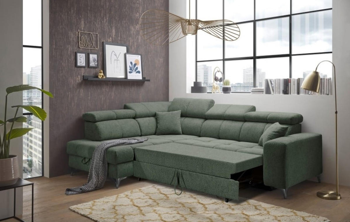 ECKSOFA mit Schlaffunktion und Bettkasten, Luxus-Mikrofaser - Schwarz/Grün, Textil/Metall (282/198cm) - ed exciting design