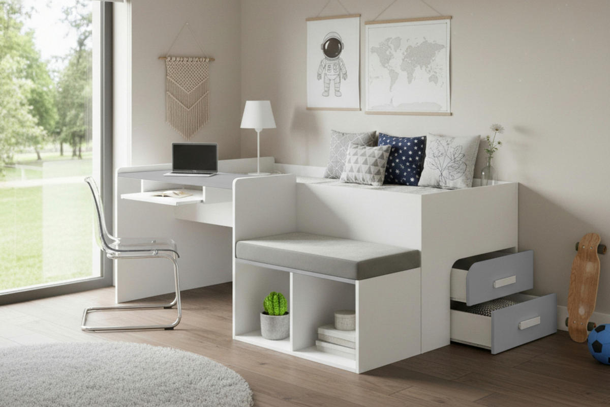JUGENDBETT MULTI 90/200 cm in Weiß/Hellgrau - Hellgrau/Weiß, Holzwerkstoff/Textil (90/200cm) - Deine Möbel 24