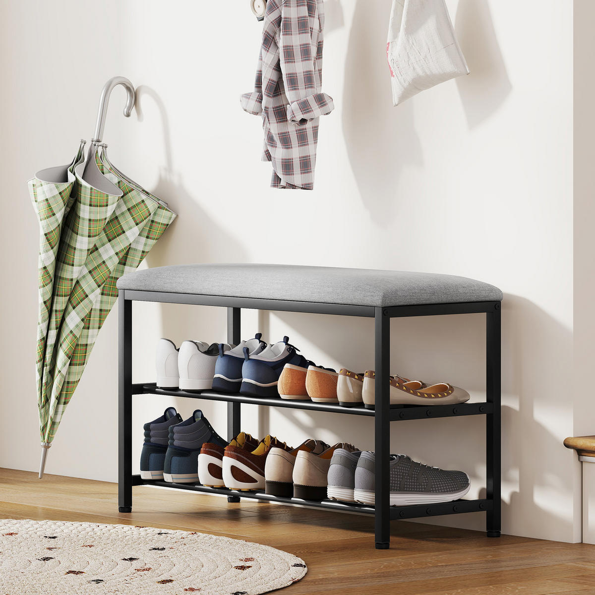 SCHUHBANK mit Sitzfläche, Sitzbank mit Stauraum, Schuhregal mit 2 offene Fächer - Dunkelgrau/Schwarz, Metall (31/50/81cm) - HOMCOM