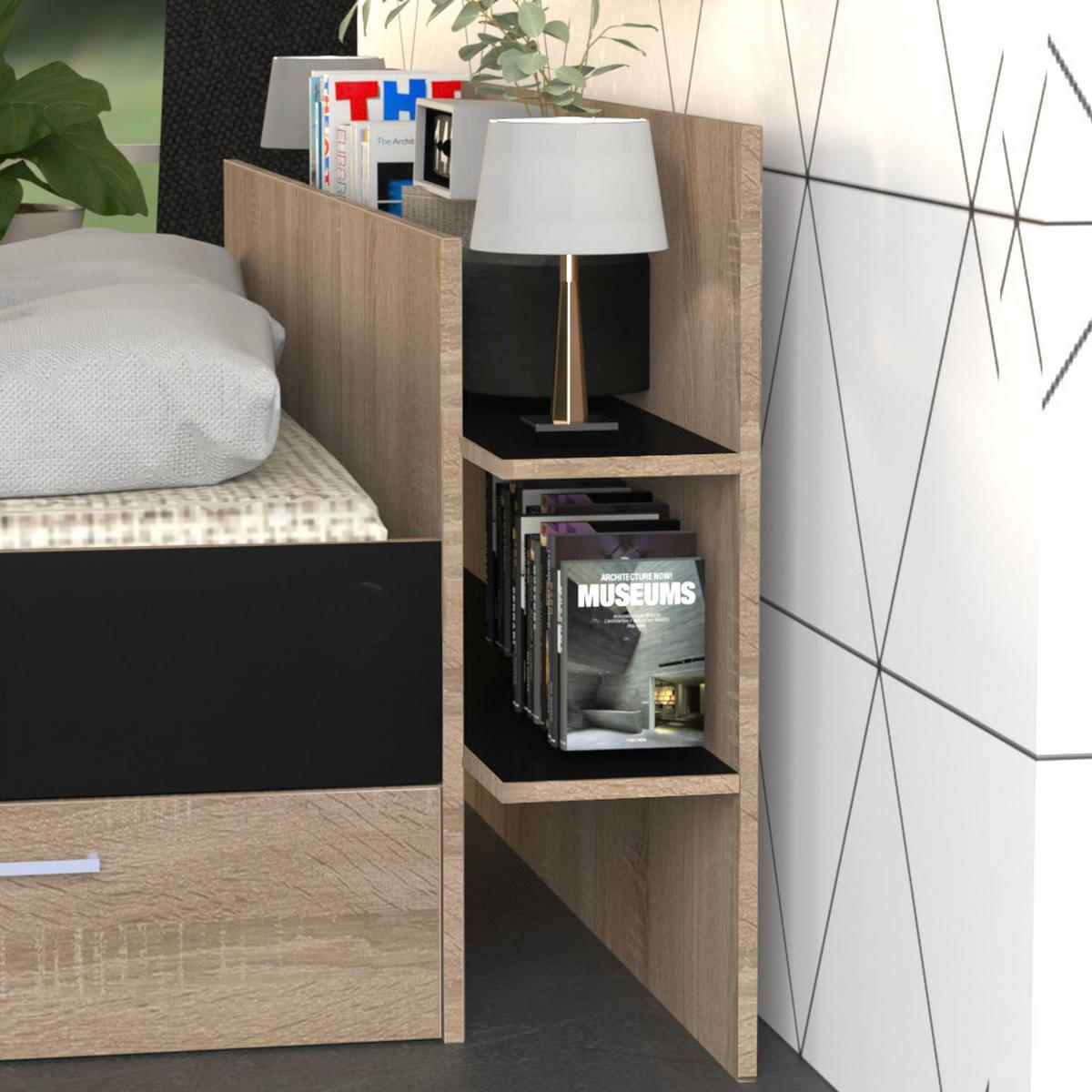 BETT SAMBA mit Schubladen / Bett 140x190 - Schwarz & gebleichte Eiche Dekor - Schwarz, Holzwerkstoff (140/190cm) - Weber Industries
