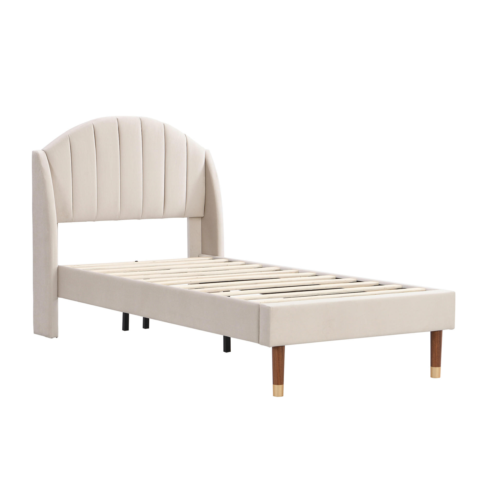 POLSTERBETT 90/200 cm mit Lattenrost, hohem Kopfteil und Holzfüßen aus Samt, Beige - Beige, Textil (90/200cm) - Redom