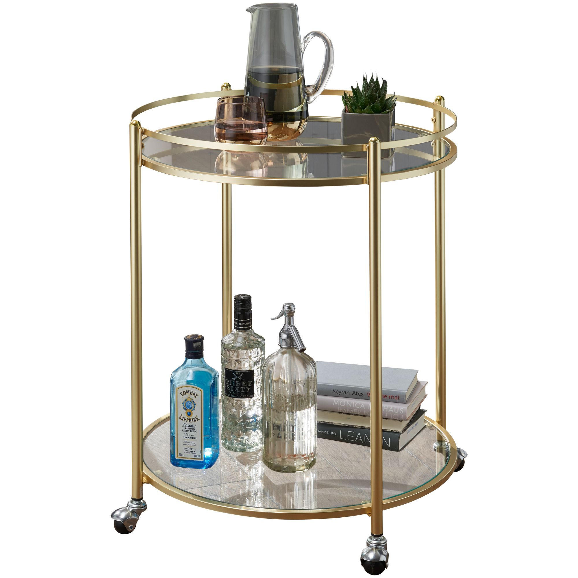 SERVIERWAGEN – Gold, Ø 57 cm, Glasplatten, auf Rollen, 75 cm hoch - Goldfarben, Glas (57/75/57cm) - KADIMA DESIGN