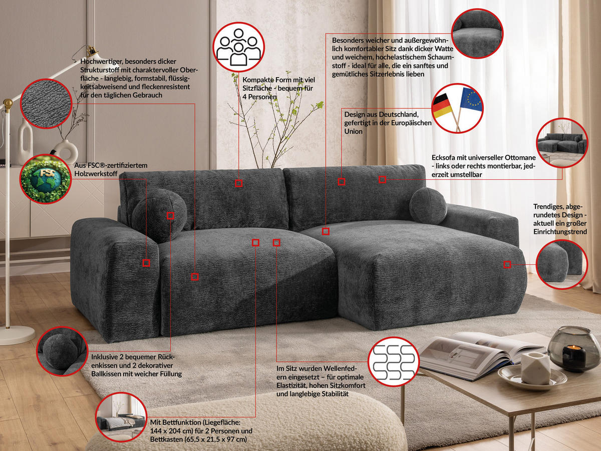 ECKSOFA Puffy mit Schlaffunktion und Bettkasten - besonders weich und puffig aus Dunkelgrau Stoff mit Chenillestruktur - Ottomane rechts - Dunkelgrau/Schwarz, Holz/Kunststoff (266/138cm) - S-Style Möbel