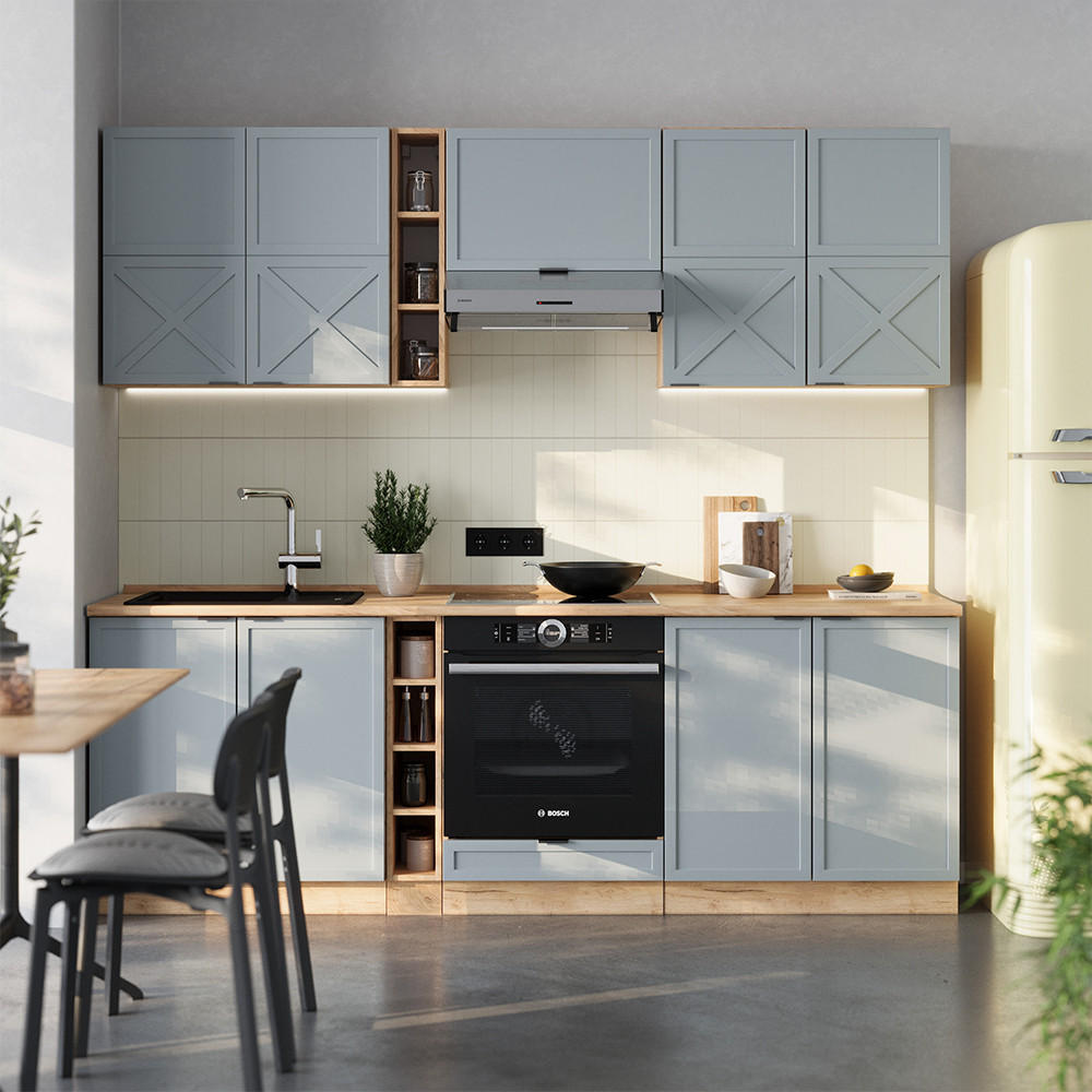KÜCHENZEILE Fame-Line Hellblau-grau/Goldkraft Eiche 235 cm, AP Marmor - Honigeiche/Blaugrau, Holzwerkstoff (235/81.6/60cm) - Vicco